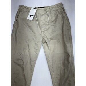 Zara Jogger Pants Mens Large Khaki Tan Tapered Elastic Waist Drawstring DNWR NWT
